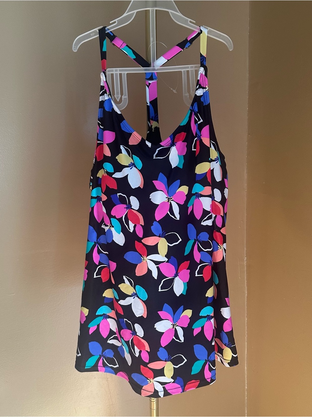 Island Escape Black Floral-Print Women's Swim Tankini with Bright Multi Blooms